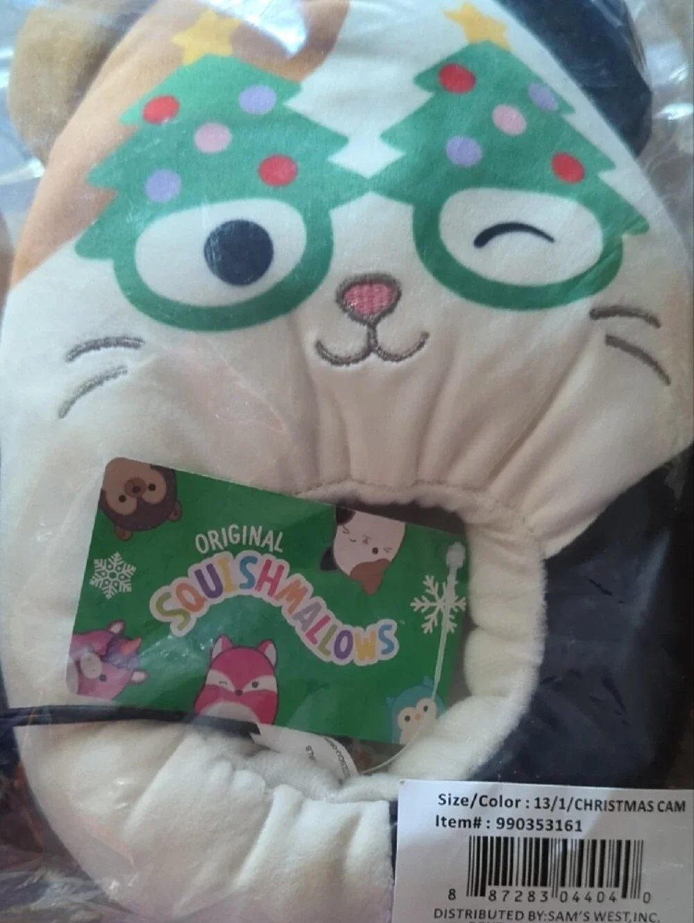 Squishmallows White Cream Cat Neck Pillow with Green Tree Glasses